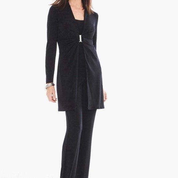 Chico's | Long Black Slinky Cardigan with Silver Clasp at Waist - Picture 5 of 16